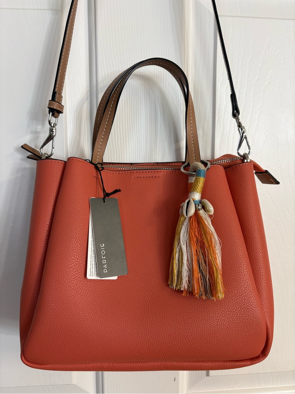 Parfois Coral Structured Shoulder Bag with Multicolor Tassel